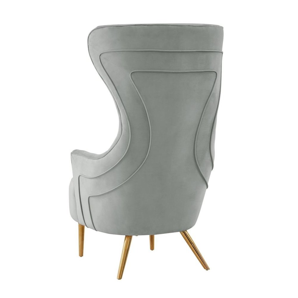 Gray Velvet Wingback Chair With Tall Back, Button Tufting, Gold Legs