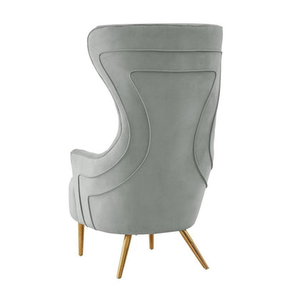 Gray Velvet Wingback Chair With Tall Back, Button Tufting, Gold Legs