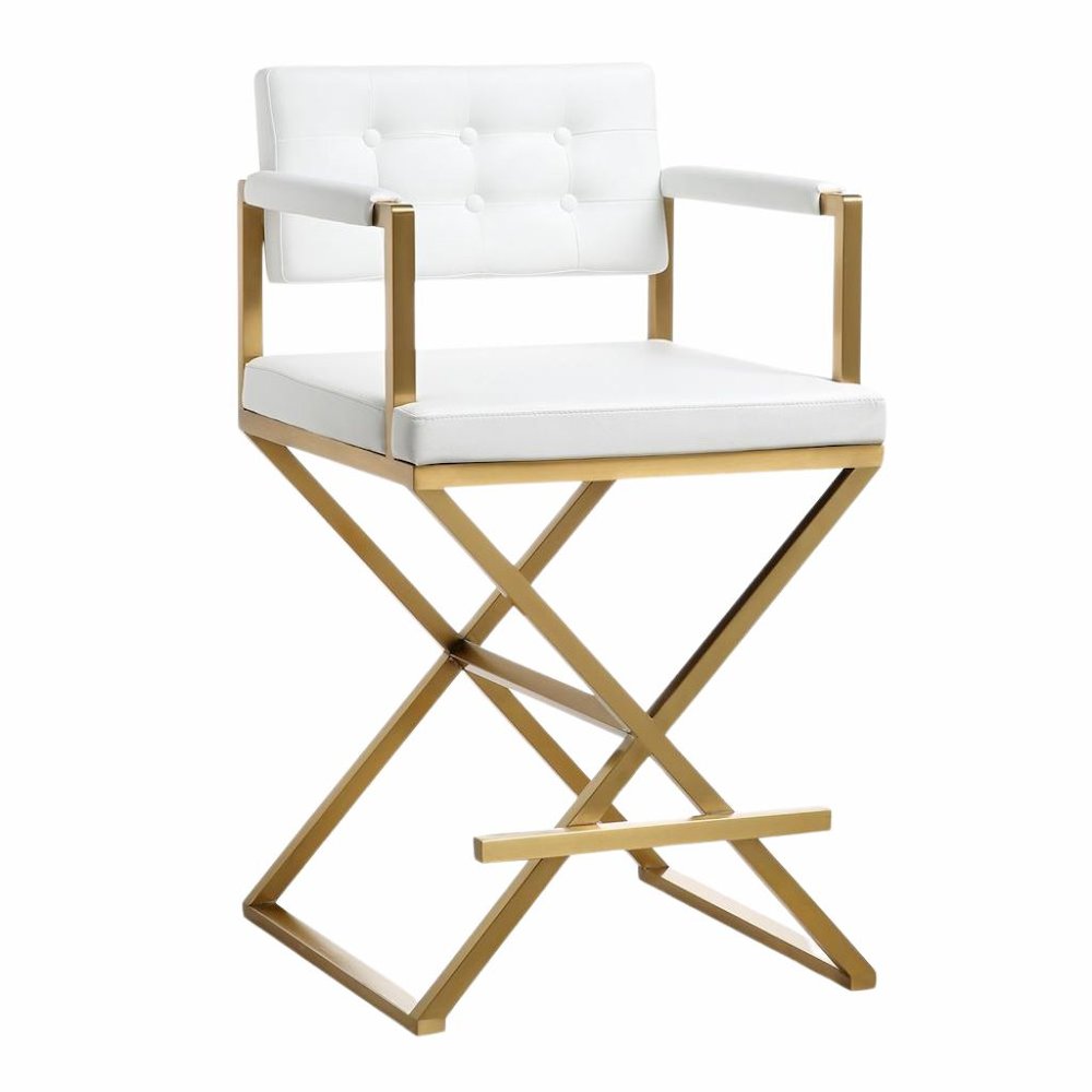 White Faux Leather Bar Stool With Gold Steel Frame And Back Support Arms