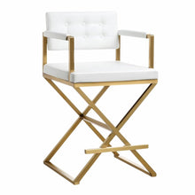 White Faux Leather Bar Stool With Gold Steel Frame And Back Support Arms