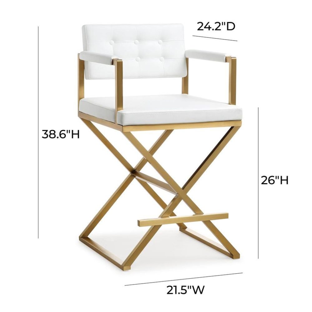 White Faux Leather Bar Stool With Gold Steel Frame And Back Support Arms