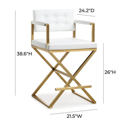 White Faux Leather Bar Stool With Gold Steel Frame And Back Support Arms