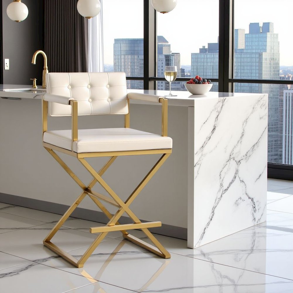 White Faux Leather Bar Stool With Gold Steel Frame And Back Support Arms