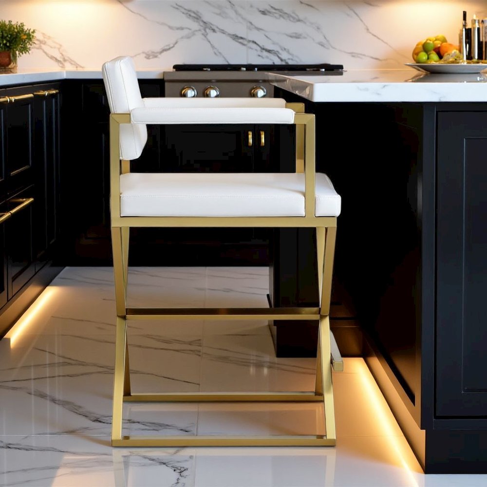 White Faux Leather Bar Stool With Gold Steel Frame And Back Support Arms