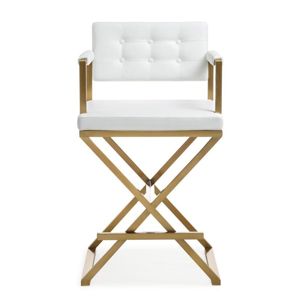 White Faux Leather Bar Stool With Gold Steel Frame And Back Support Arms