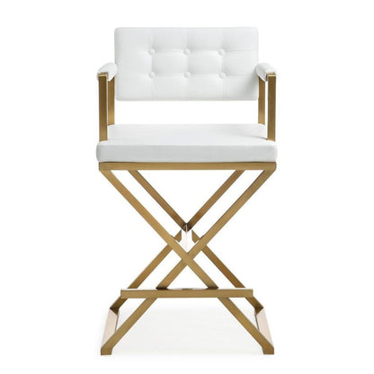 White Faux Leather Bar Stool With Gold Steel Frame And Back Support Arms