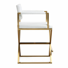 White Faux Leather Bar Stool With Gold Steel Frame And Back Support Arms