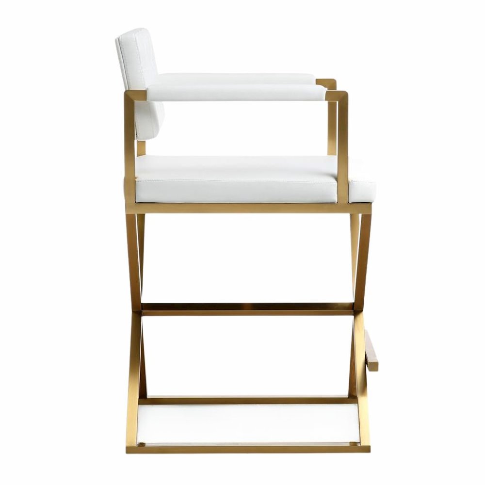 White Faux Leather Bar Stool With Gold Steel Frame And Back Support Arms