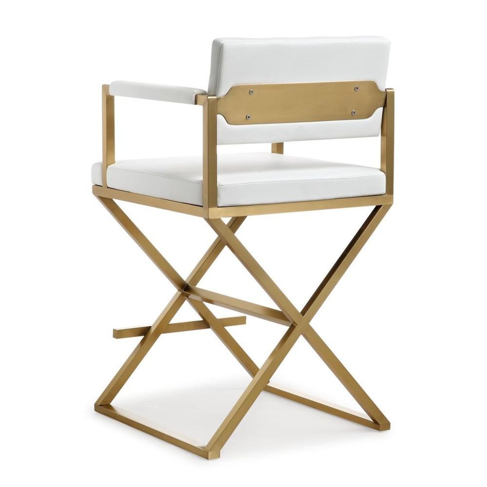 White Faux Leather Bar Stool With Gold Steel Frame And Back Support Arms