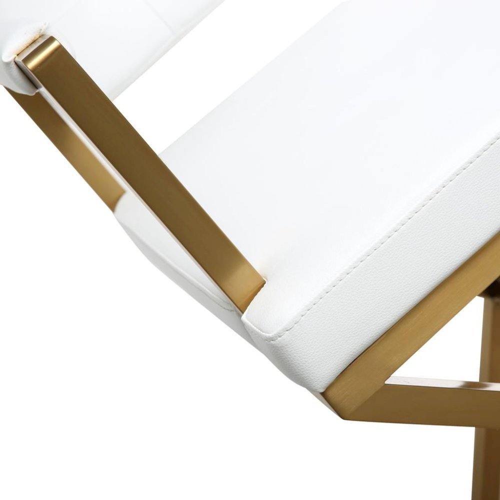 White Faux Leather Bar Stool With Gold Steel Frame And Back Support Arms