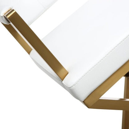 White Faux Leather Bar Stool With Gold Steel Frame And Back Support Arms