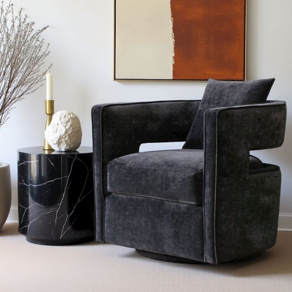 Black Velvet Swivel Accent Chair With Rounded Backrest For Living Spaces