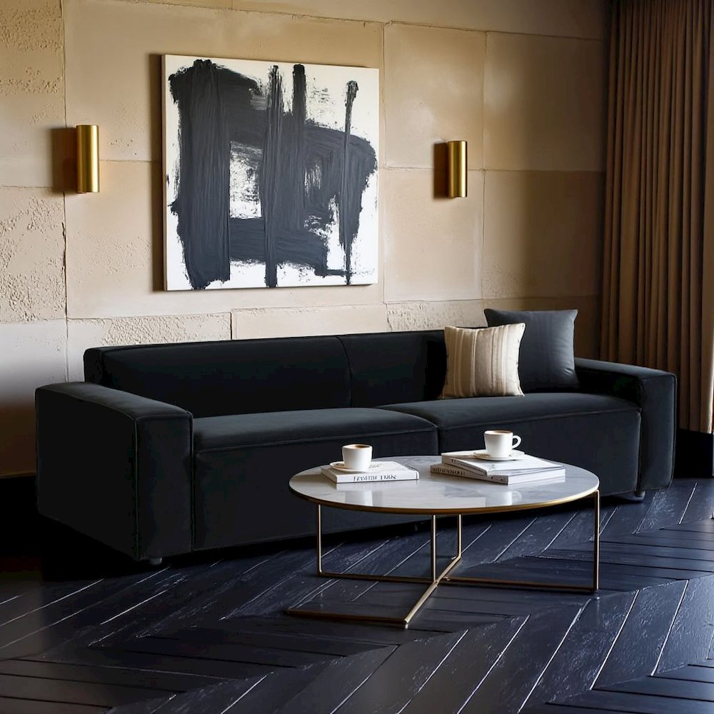 Black Velvet 3 Seater Couch With Piped Detailing And Wide Arm Profile
