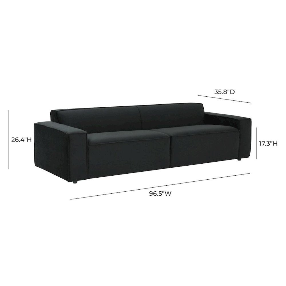 Black Velvet 3 Seater Couch With Piped Detailing And Wide Arm Profile