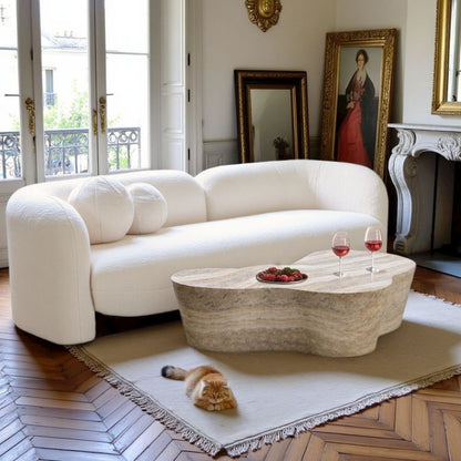 Beige Fluffy Round Couch For 6 With Faux Fur And Pillows, Modern Sofa Style