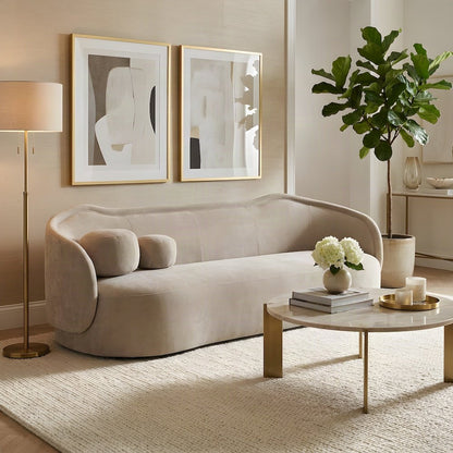 Circe Textured Velvet Curved Sofa with Sinuous Springs and Pillows, Taupe