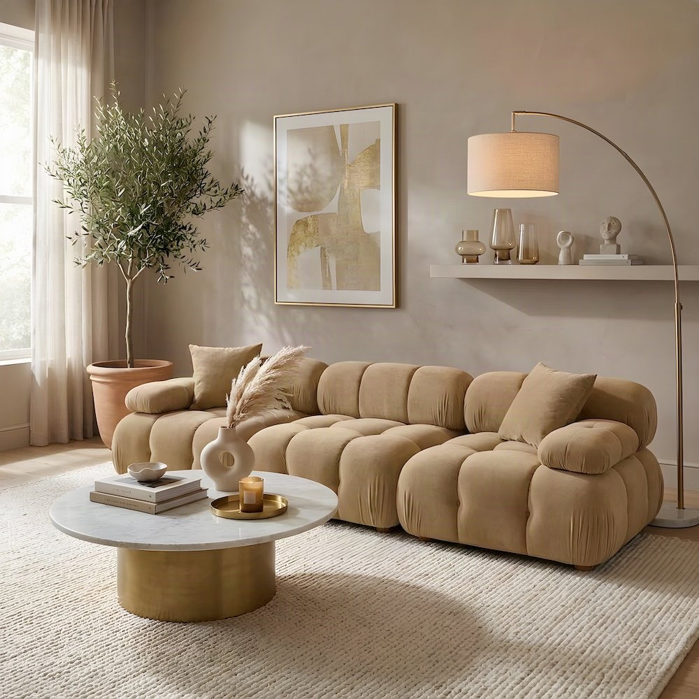 Performance Velvet Modular Sofa with S-Spring Sectional Couch, Cafe Au Lait