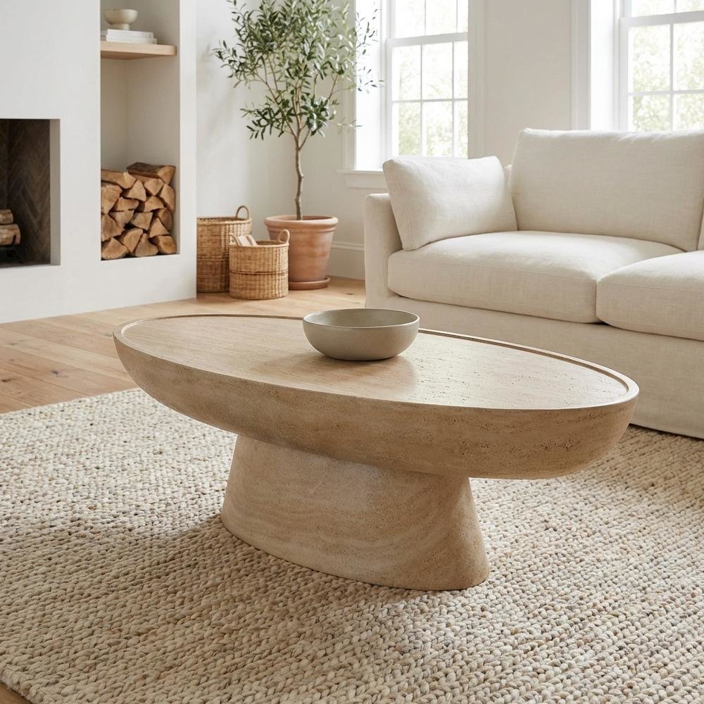 Gray Concrete Coffee Table with Textured Faux Travertine Legs, Durable Surface