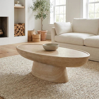 Gray Concrete Coffee Table with Textured Faux Travertine Legs, Durable Surface