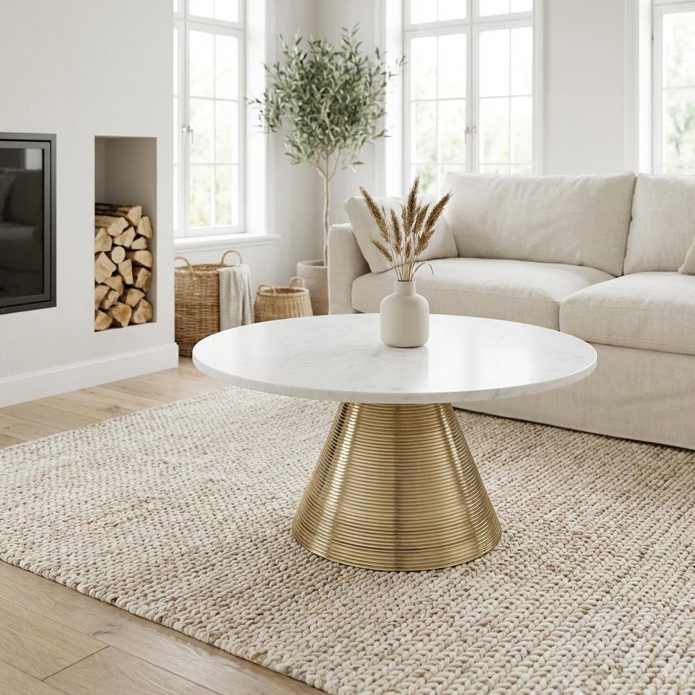 White Marble Coffee Table with Gold Legs, Single-Piece Design for Stylish Living