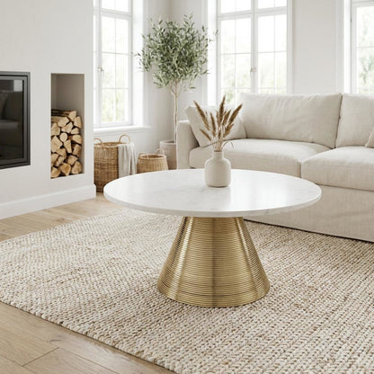 White Marble Coffee Table with Gold Legs, Single-Piece Design for Stylish Living