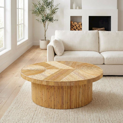 Brown Rattan Veneer Coffee Table with Mahogany Legs and Sturdy Wood Design