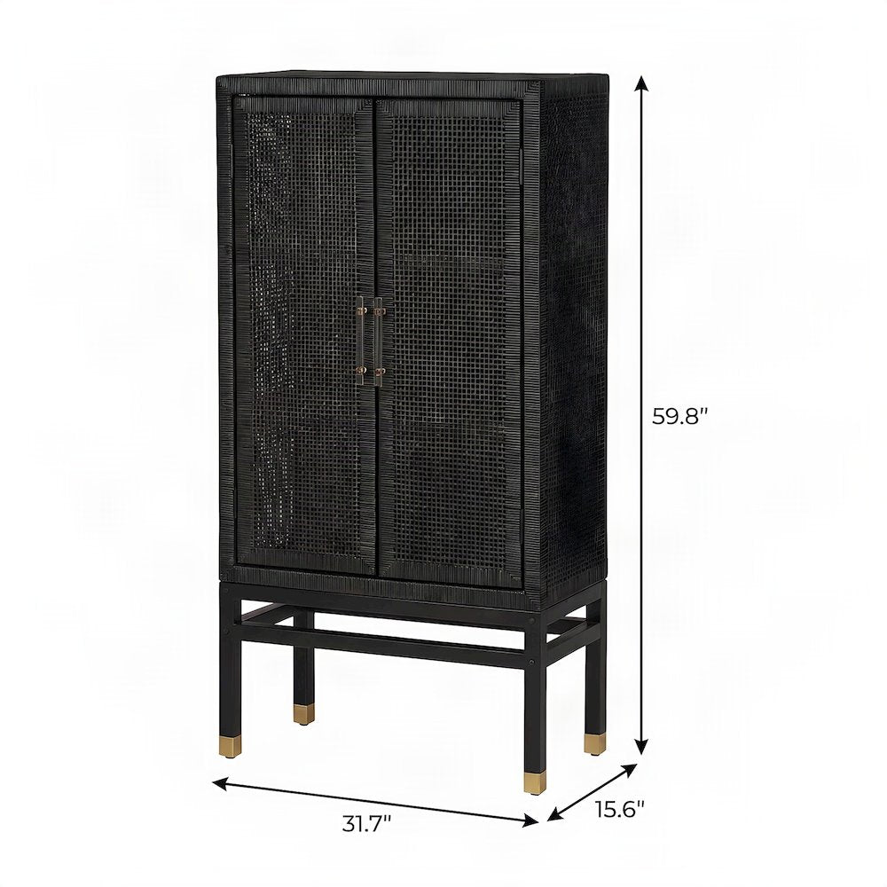 Woven Rattan Veneer Tall Accent Cabinet and Sideboard, Mahogany Legs, Charcoal