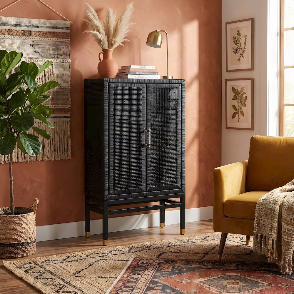 Woven Rattan Veneer Tall Accent Cabinet and Sideboard, Mahogany Legs, Charcoal