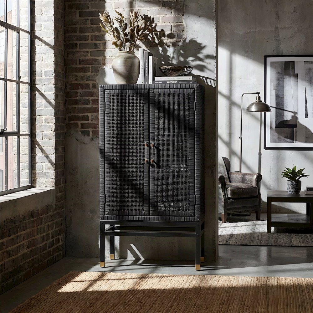 Woven Rattan Veneer Tall Accent Cabinet and Sideboard, Mahogany Legs, Charcoal
