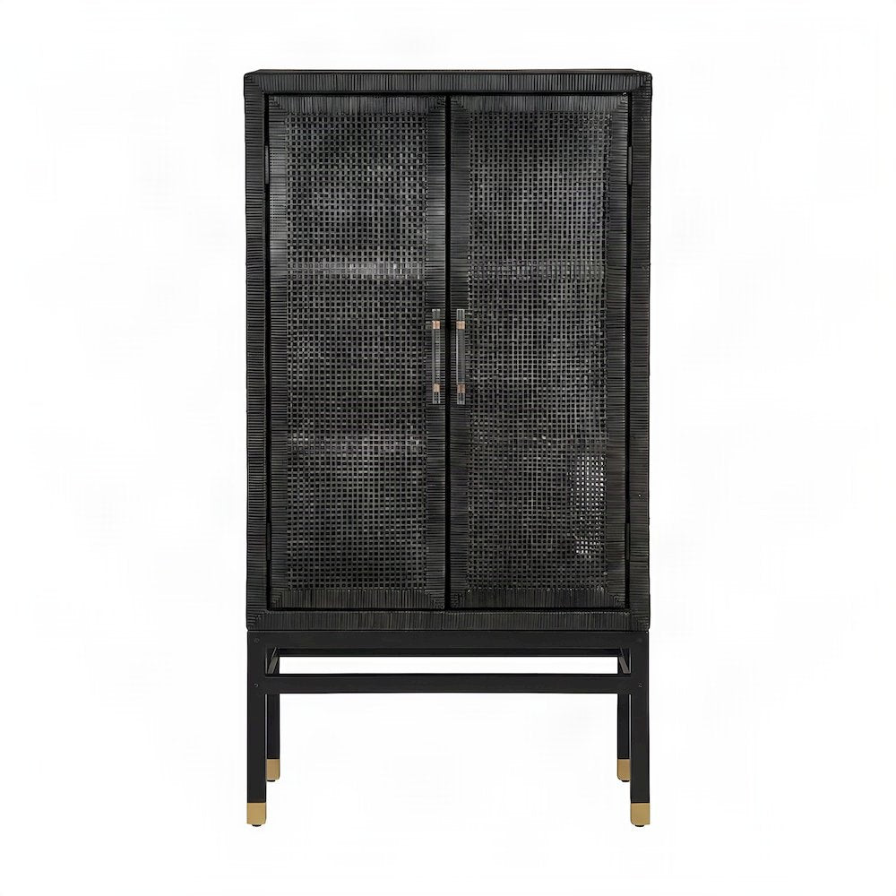 Woven Rattan Veneer Tall Accent Cabinet and Sideboard, Mahogany Legs, Charcoal