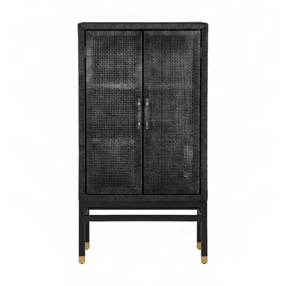 Woven Rattan Veneer Tall Accent Cabinet and Sideboard, Mahogany Legs, Charcoal