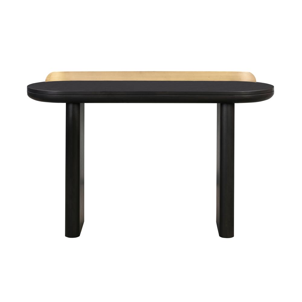 Black minimalist desk with adjustable shelf and sleek leg design