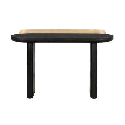 Black minimalist desk with adjustable shelf and sleek leg design