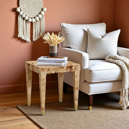 Brown End Table With Burl Veneer And Iron Frame, A Modern Side Table Design