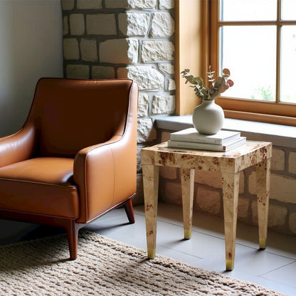 Brown End Table With Burl Veneer And Iron Frame, A Modern Side Table Design