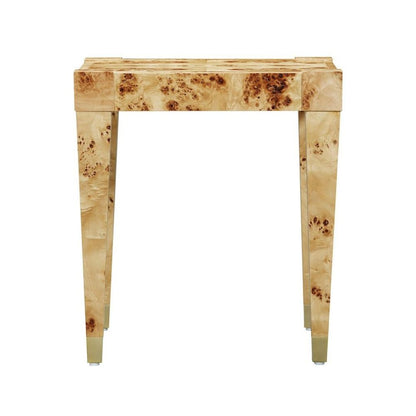 Brown End Table With Burl Veneer And Iron Frame, A Modern Side Table Design
