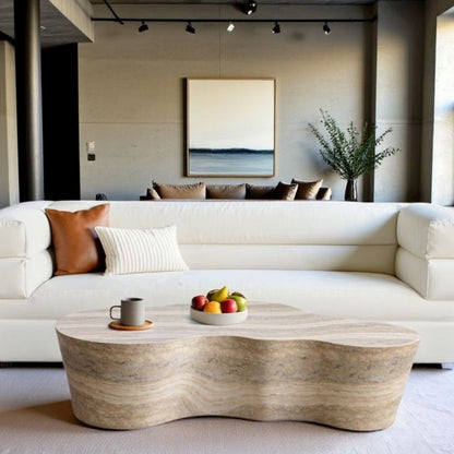 Modern Beige Stone Coffee Table with Marble Veneer Concrete Finish