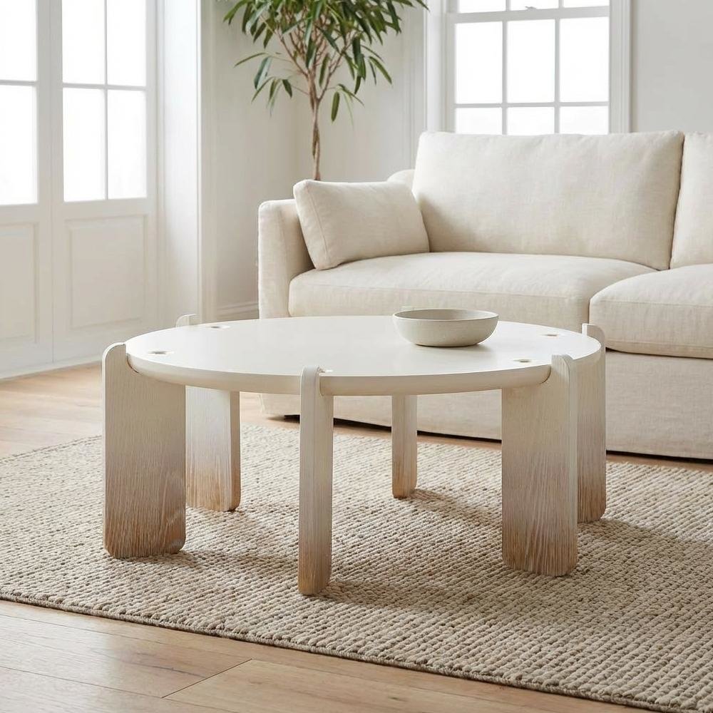 Beige MDF and Oak Coffee Table with Cream Legs and Sturdy Design