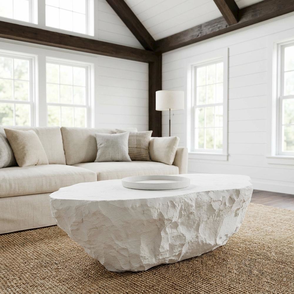 White Concrete Coffee Table, Sturdy Durable Construction, 220 lb Weight Capacity