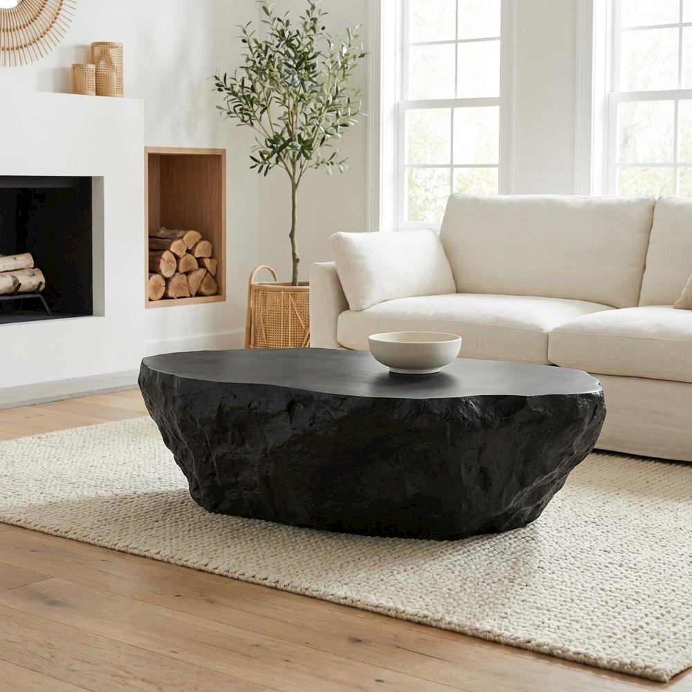 Black Concrete Coffee Table, Sturdy Design and Smooth Surface for Living Areas