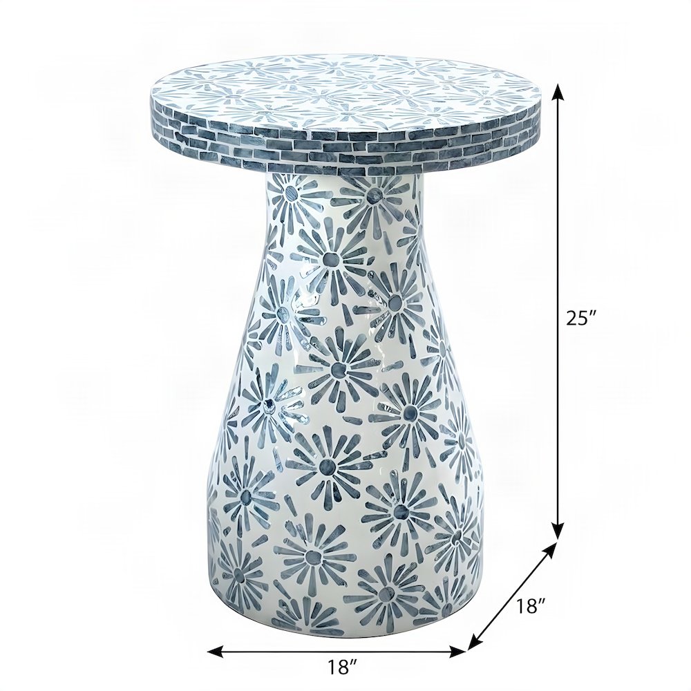 Shell-Inlay Floral Mosaic Side Table with MDF Base, Accent Nightstand, Blue