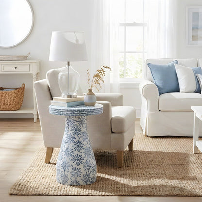 Shell-Inlay Floral Mosaic Side Table with MDF Base, Accent Nightstand, Blue