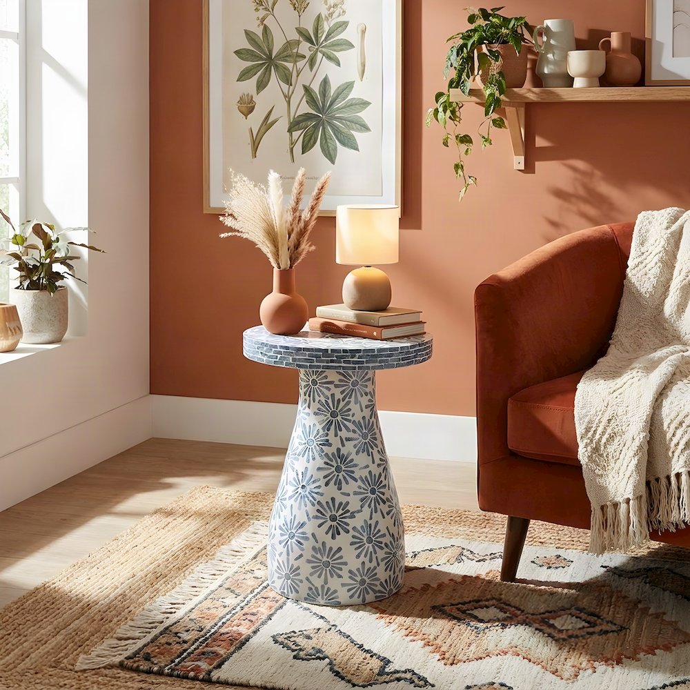 Shell-Inlay Floral Mosaic Side Table with MDF Base, Accent Nightstand, Blue