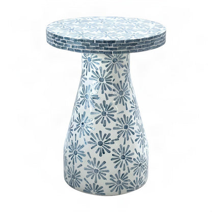 Shell-Inlay Floral Mosaic Side Table with MDF Base, Accent Nightstand, Blue