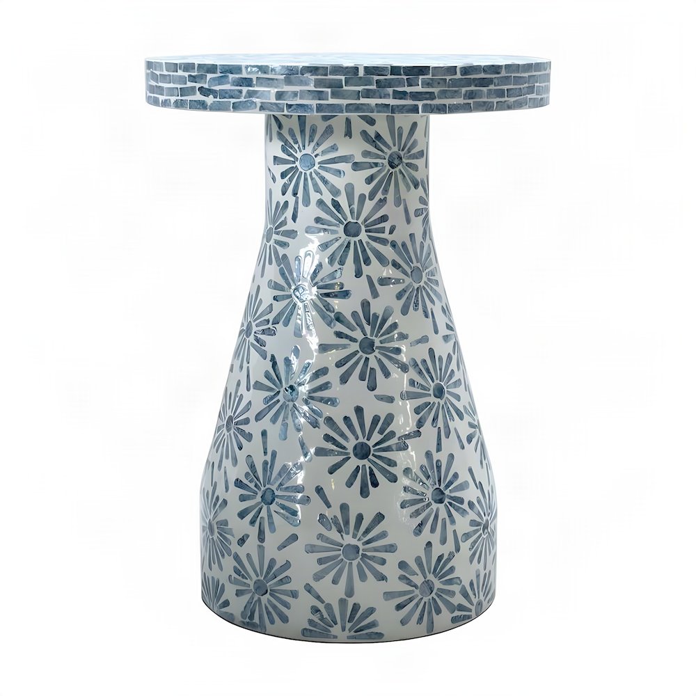 Shell-Inlay Floral Mosaic Side Table with MDF Base, Accent Nightstand, Blue