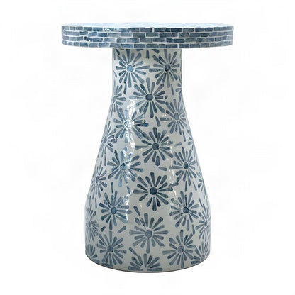 Shell-Inlay Floral Mosaic Side Table with MDF Base, Accent Nightstand, Blue