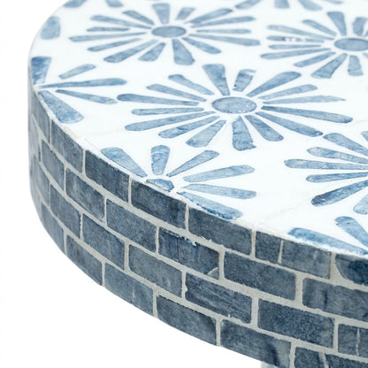 Shell-Inlay Floral Mosaic Side Table with MDF Base, Accent Nightstand, Blue