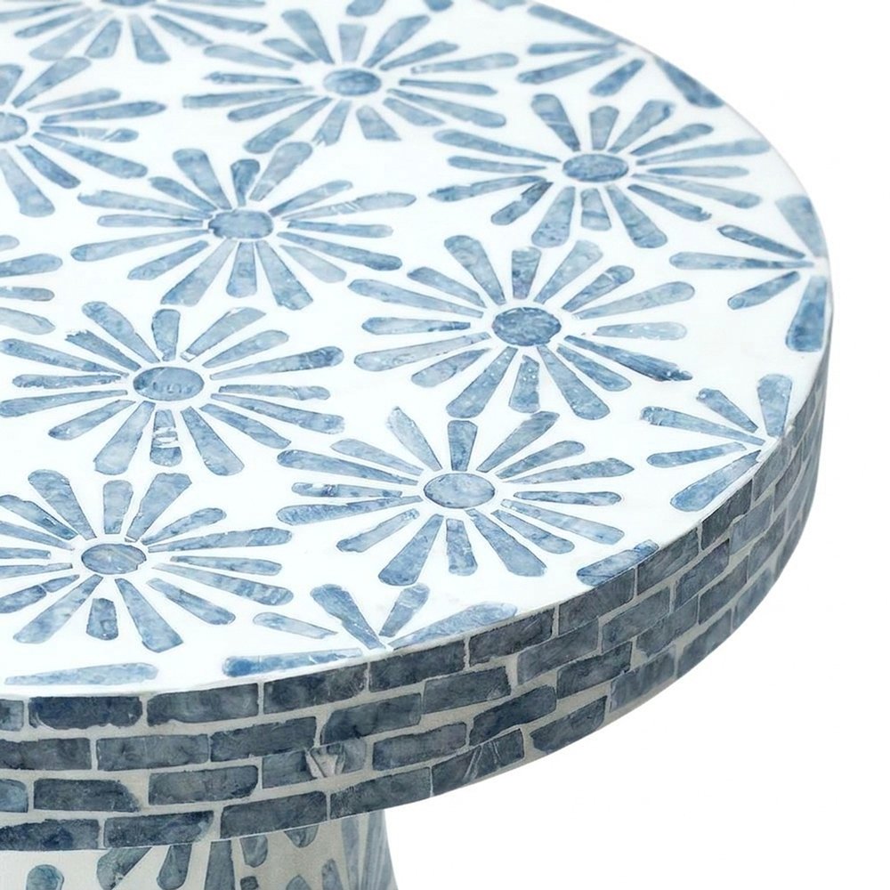 Shell-Inlay Floral Mosaic Side Table with MDF Base, Accent Nightstand, Blue