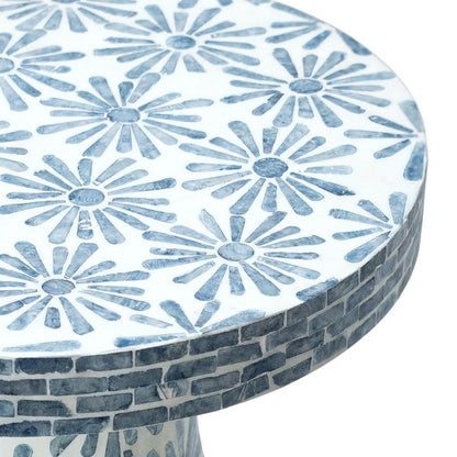 Shell-Inlay Floral Mosaic Side Table with MDF Base, Accent Nightstand, Blue