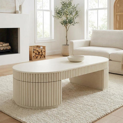 Beige Oval Coffee Table with Acacia Wood Legs and MDF Frame for Living Room